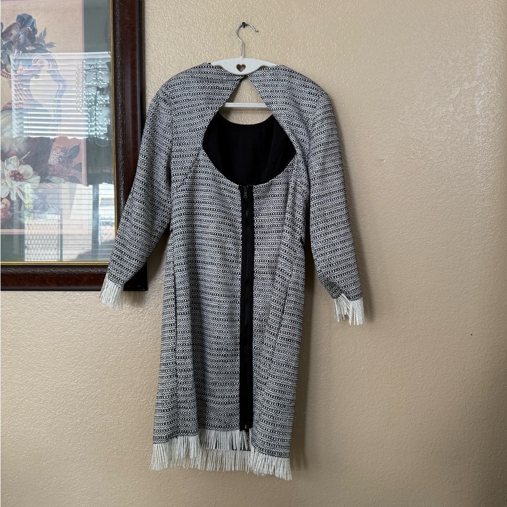 NWT Sam Edelman Black White Tweedy Open Back Fringe Dress Size Medium - Picture 3 of 4